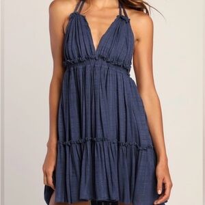 Lulus Pretty as a Picture Navy Blue Ruffled Halter Dress.